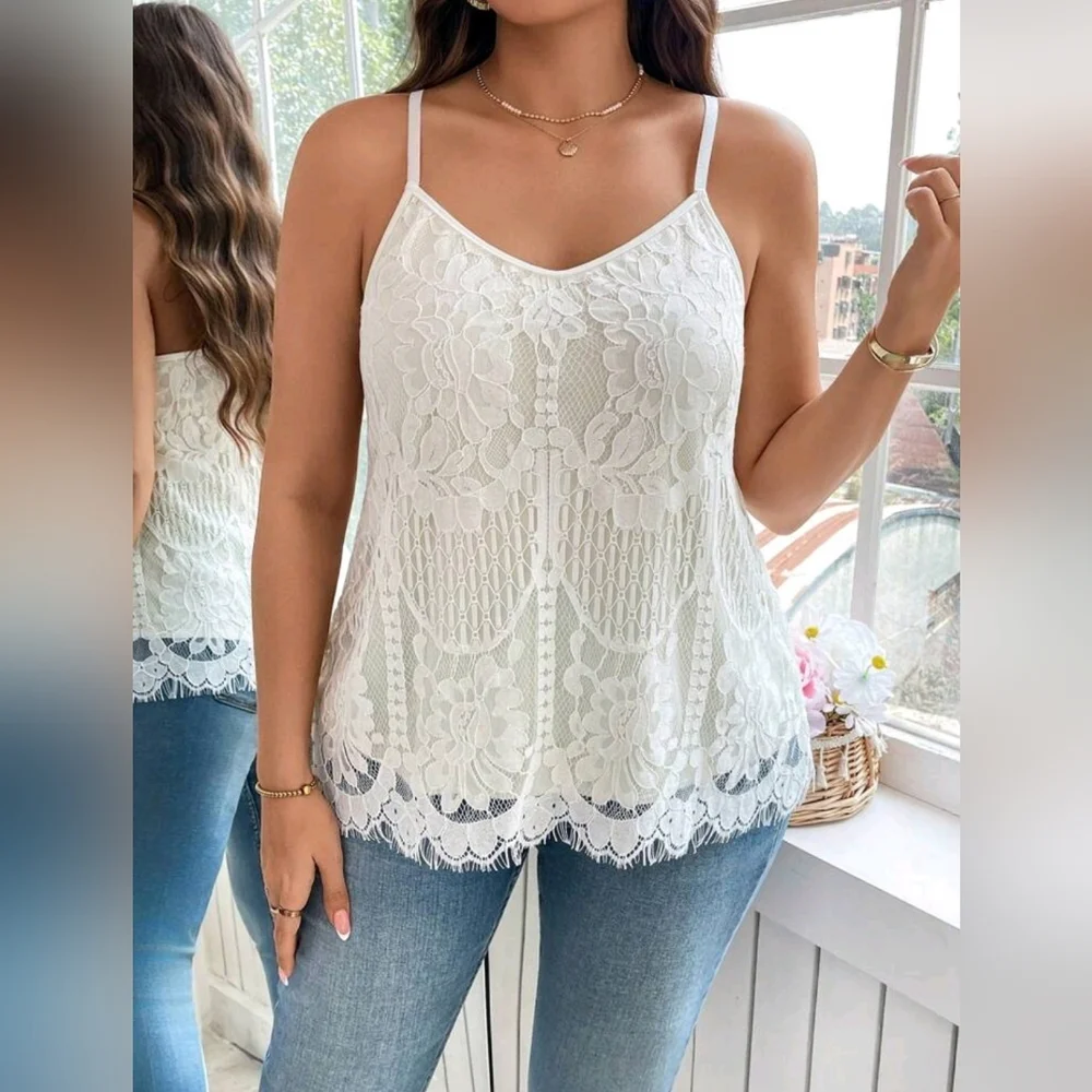 New Boho Scalloped Lace Overlay Cami Tank Top Off White Cream - Picture 6 of 9